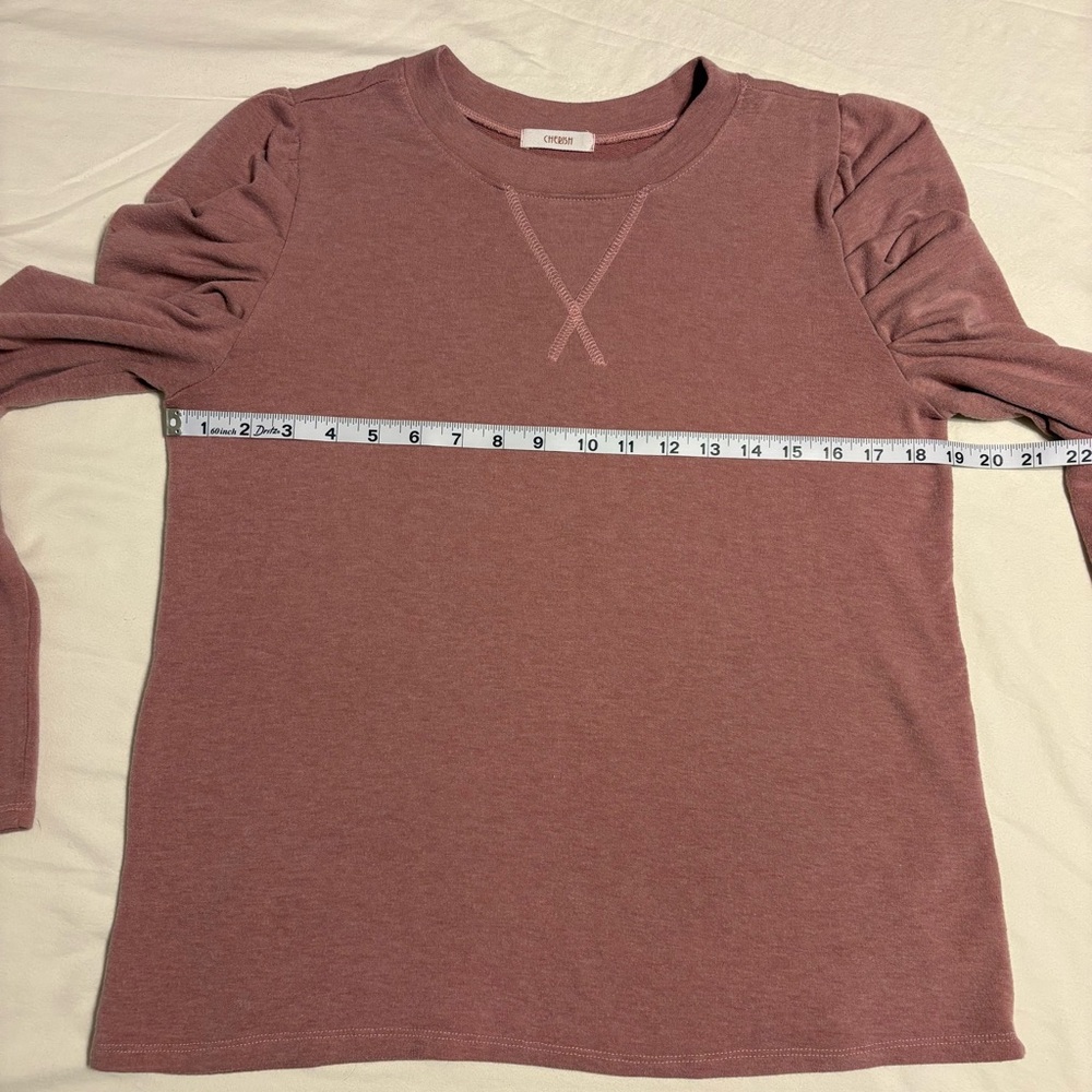 Cherish MauvePink Long Sleeved Crew Neck Puff Sleeve Knit Top-Creamie Ruffle Top - Picture 2 of 5